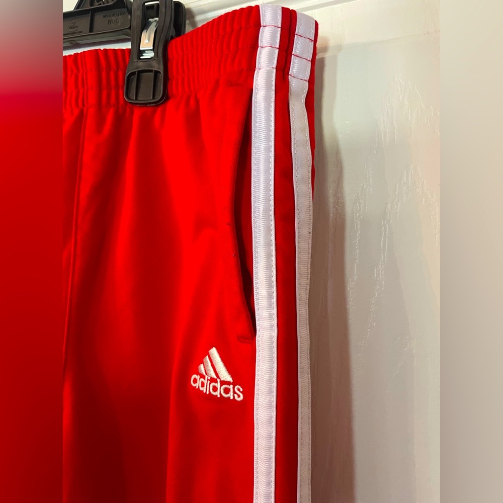 Adidas Kids Red Joggers Size 5 with White Stripes Trainers Like new condition - Picture 2 of 5